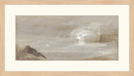 Framed Antique Seascape. Frame: Natural Wood. Paper: Rag Paper. Art Size: 8x18. Final Size: 13'' X 23''