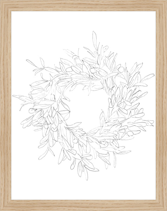 Framed OLIVE WREATH. Frame: Natural Oak. Paper: Rag Paper. Art Size: 13x10. Final Size: 14'' X 11''