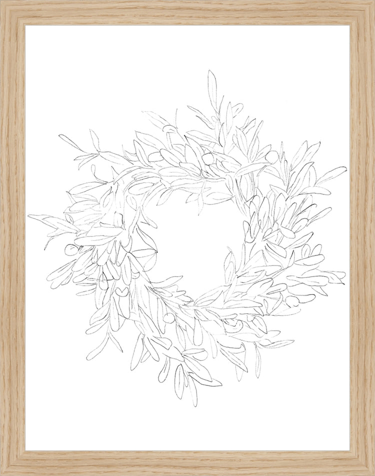 Framed OLIVE WREATH. Frame: Natural Oak. Paper: Rag Paper. Art Size: 13x10. Final Size: 14'' X 11''