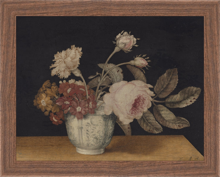 Framed Vintage Vase of Flowers. Frame: Dark Walnut. Paper: Rag Paper. Art Size: 7x9. Final Size: 8'' X 10''