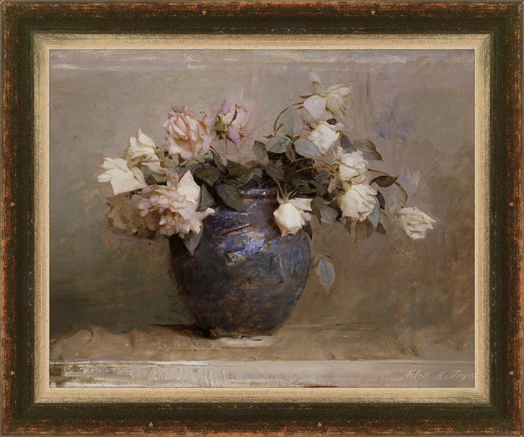 Framed Vase of Roses. Frame: Black and Silver Brushed. Paper: Rag Paper. Art Size: 8x10. Final Size: 10'' X 12''