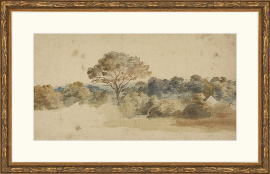 Framed Baroque Landscape. Frame: Embellished Antique Gold. Paper: Rag Paper. Art Size: 7x13. Final Size: 11'' X 17''