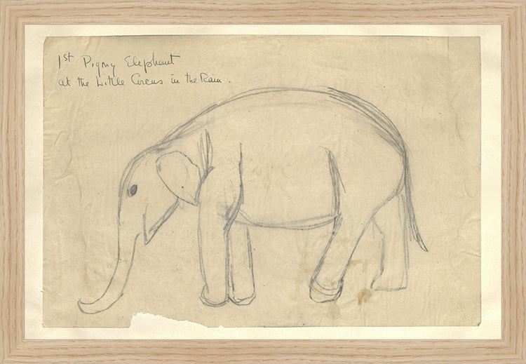 Framed Elephant. Frame: Natural Oak. Paper: Rag Paper. Art Size: 10x15. Final Size: 11'' X 16''