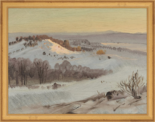 Framed Mountain View. Frame: Traditional Gold. Paper: Rag Paper. Art Size: 10x13. Final Size: 11'' X 14''