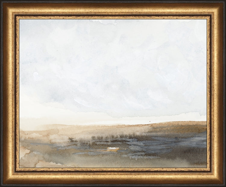 Framed Rust Landscape. Frame: Distressed Gold and Black. Paper: Rag Paper. Art Size: 8x10. Final Size: 9'' X 11''