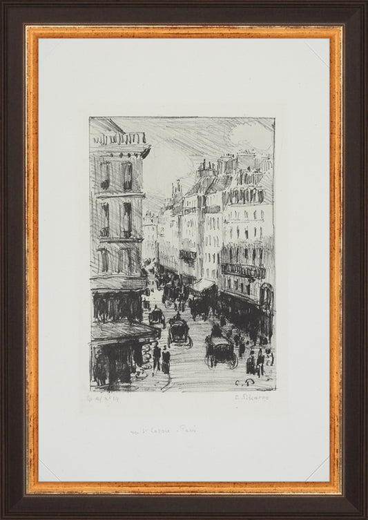 Framed Paris Streets. Frame: Traditional Black and Gold. Paper: Rag Paper. Art Size: 9x6. Final Size: 10'' X 7''