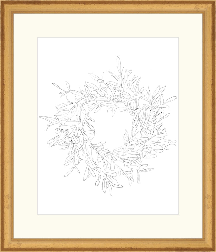 Framed OLIVE WREATH. Frame: Traditional Gold. Paper: Rag Paper. Art Size: 10x8. Final Size: 14'' X 12''