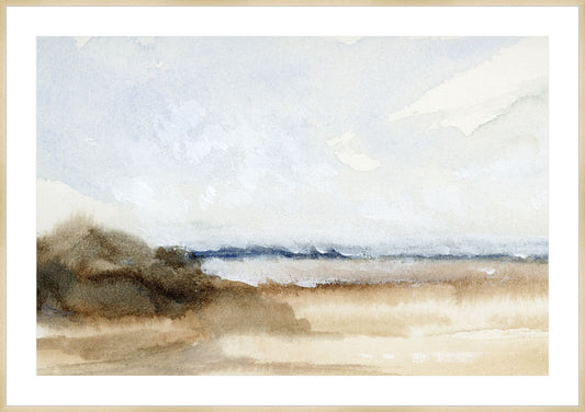 Framed Loose Shore. Frame: Natural Matte Wood. Paper: Smooth Paper. Art Size: 32x48. Final Size: 38'' X 54''