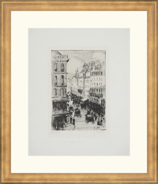 Framed Paris Streets. Frame: Timeless Gold. Paper: Rag Paper. Art Size: 10x8. Final Size: 14'' X 12''