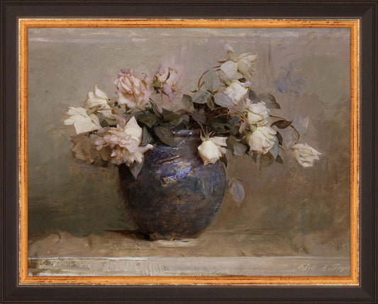 Framed Vase of Roses. Frame: Traditional Black and Gold. Paper: Rag Paper. Art Size: 7x9. Final Size: 8'' X 10''