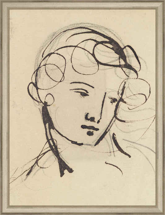 Framed Sketch of a Lady. Frame: Traditional Silver. Paper: Rag Paper. Art Size: 16x12. Final Size: 17'' X 13''