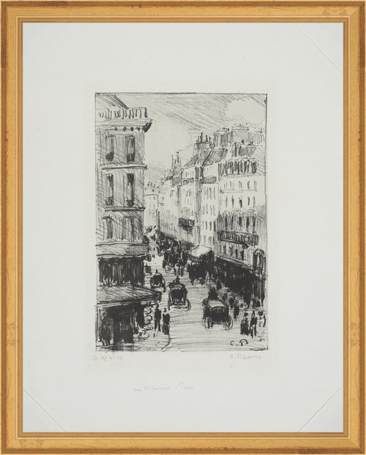 Framed Paris Streets. Frame: Traditional Gold. Paper: Rag Paper. Art Size: 14x11. Final Size: 15'' X 12''