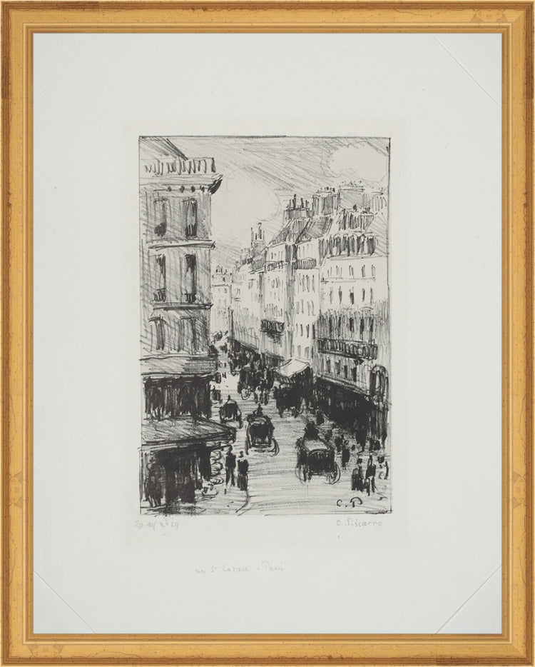 Framed Paris Streets. Frame: Traditional Gold. Paper: Rag Paper. Art Size: 14x11. Final Size: 15'' X 12''