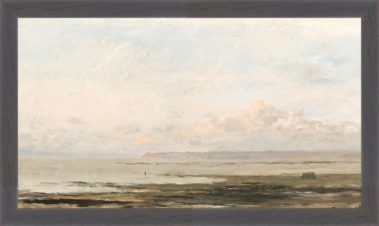 Framed Beach Landscape. Frame: Deep Dark Brown. Paper: Rag Paper. Art Size: 9x16. Final Size: 10'' X 17''