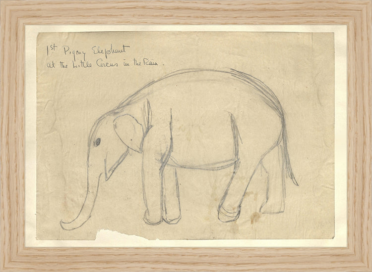 Framed Elephant. Frame: Natural Oak. Paper: Rag Paper. Art Size: 7x10. Final Size: 8'' X 11''