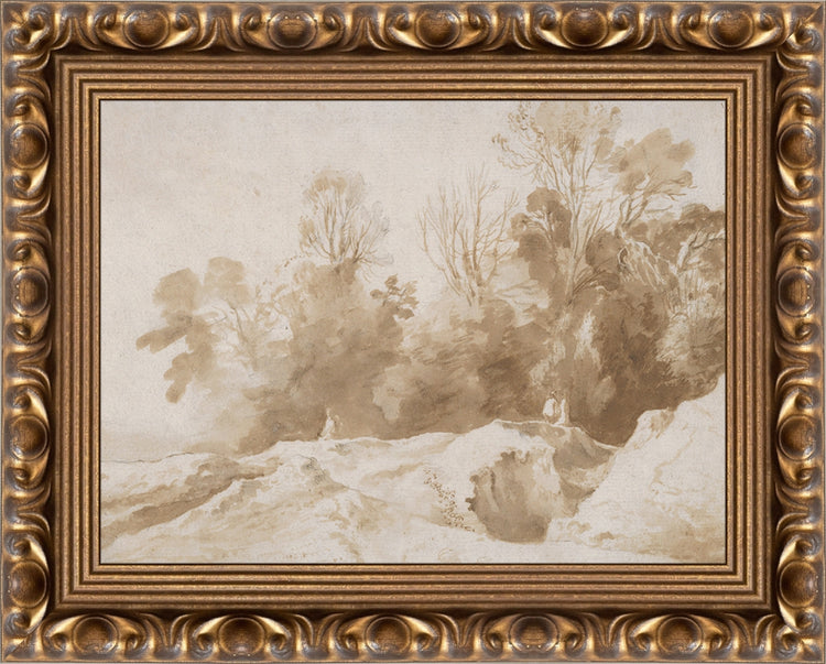 Framed Trees Landscape In Sepia. Frame: Gold Ornate. Paper: Rag Paper. Art Size: 6x8. Final Size: 8'' X 10''