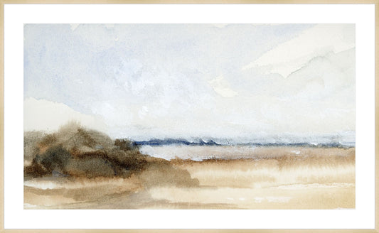 Framed Loose Shore. Frame: Natural Matte Wood. Paper: Smooth Paper. Art Size: 27x48. Final Size: 33'' X 54''