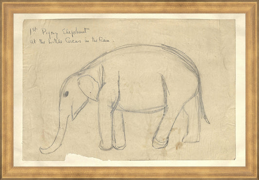 Framed Elephant. Frame: Timeless Gold. Paper: Rag Paper. Art Size: 10x15. Final Size: 11'' X 16''