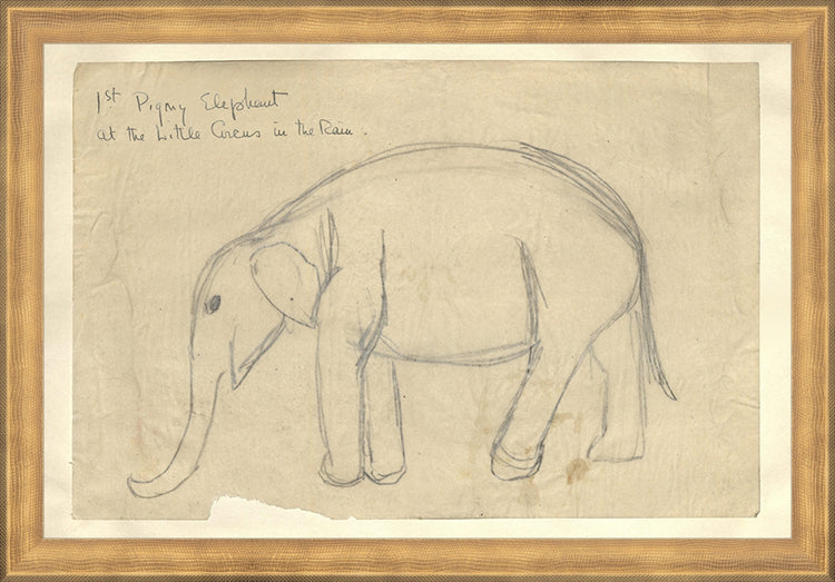 Framed Elephant. Frame: Timeless Gold. Paper: Rag Paper. Art Size: 10x15. Final Size: 11'' X 16''