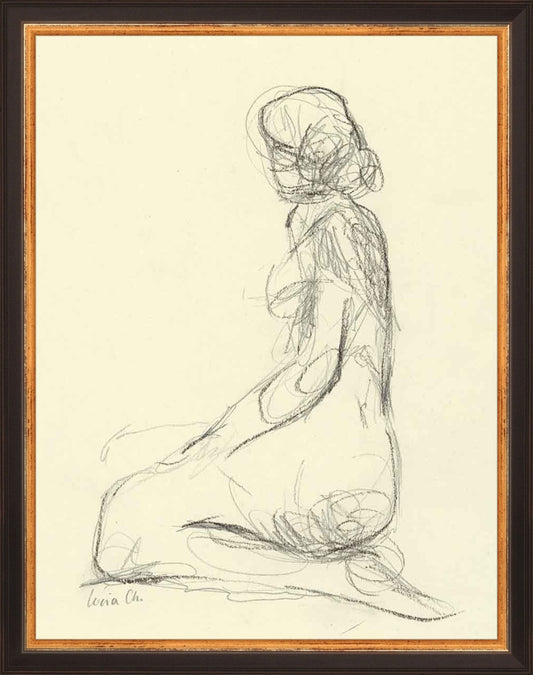 Framed Seated Figure Study. Frame: Traditional Black and Gold. Paper: Rag Paper. Art Size: 13x10. Final Size: 14'' X 11''