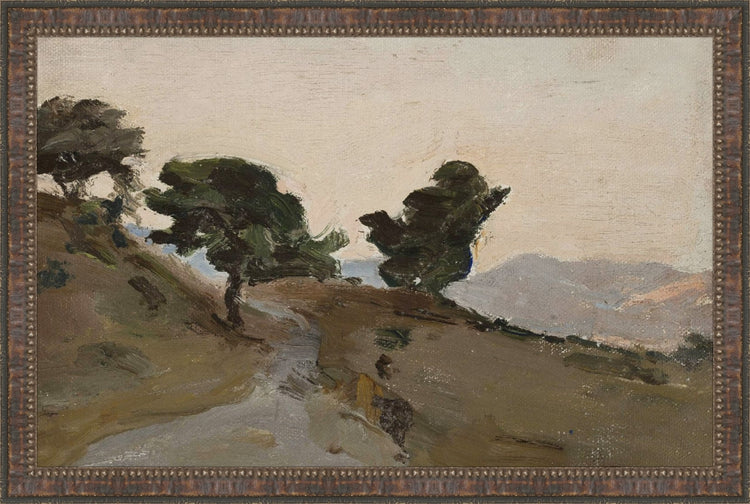 Framed Greek Landscape. Frame: Brown Beaded. Paper: Rag Paper. Art Size: 9x14. Final Size: 10'' X 15''