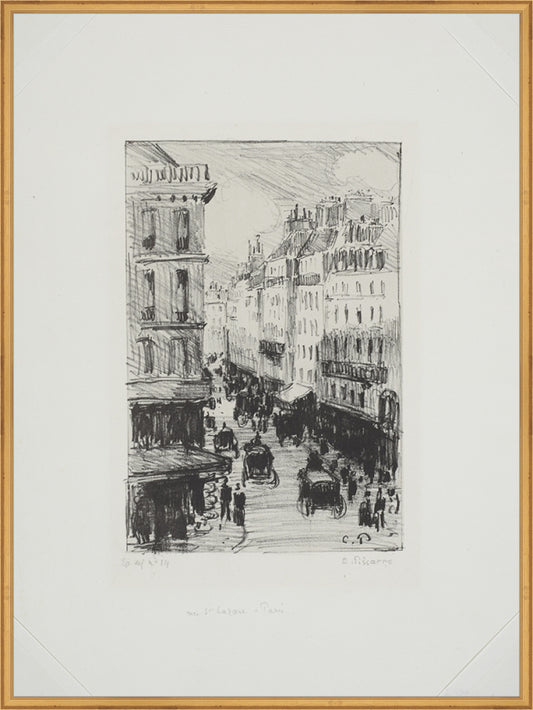 Framed Paris Streets. Frame: Traditional Gold. Paper: Rag Paper. Art Size: 39x29. Final Size: 40'' X 30''