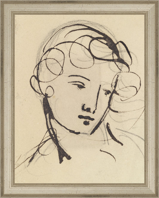 Framed Sketch of a Lady. Frame: Traditional Silver. Paper: Rag Paper. Art Size: 9x7. Final Size: 10'' X 8''