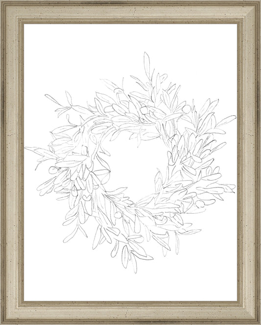 Framed OLIVE WREATH. Frame: Traditional Silver. Paper: Rag Paper. Art Size: 9x7. Final Size: 10'' X 8''