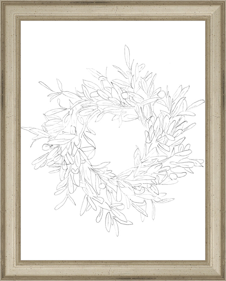Framed OLIVE WREATH. Frame: Traditional Silver. Paper: Rag Paper. Art Size: 9x7. Final Size: 10'' X 8''