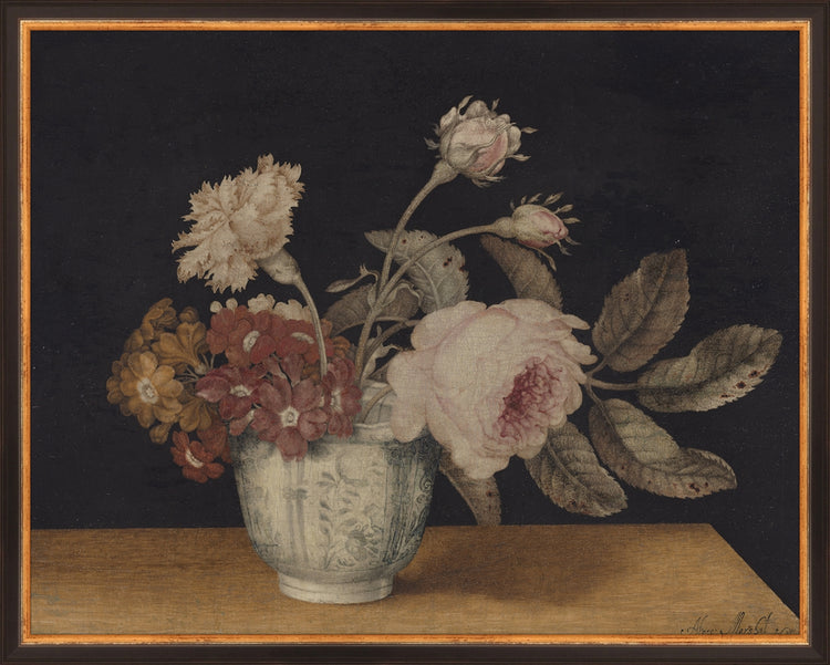Framed Vintage Vase of Flowers. Frame: Traditional Black and Gold. Paper: Rag Paper. Art Size: 15x19. Final Size: 16'' X 20''