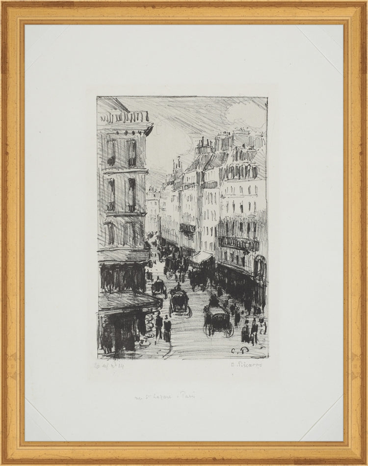 Framed Paris Streets. Frame: Traditional Gold. Paper: Rag Paper. Art Size: 13x10. Final Size: 14'' X 11''