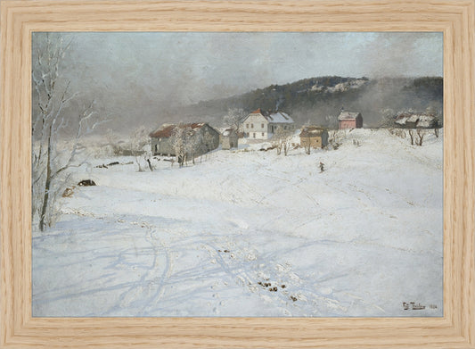 Framed Village. Frame: Natural Oak. Paper: Rag Paper. Art Size: 7x10. Final Size: 8'' X 11''