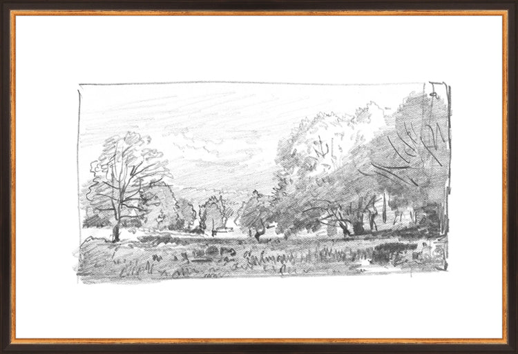 Framed Charcoal Trees 1. Frame: Traditional Black and Gold. Paper: Rag Paper. Art Size: 16x24. Final Size: 17'' X 25''