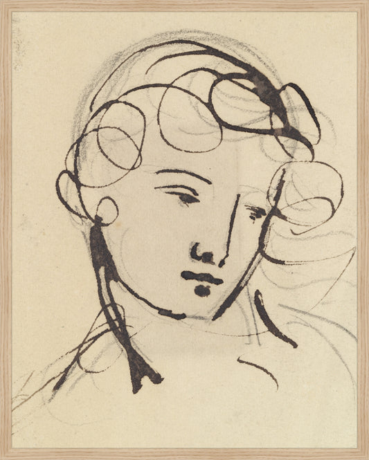 Framed Sketch of a Lady. Frame: Natural Oak. Paper: Rag Paper. Art Size: 29x23. Final Size: 30'' X 24''