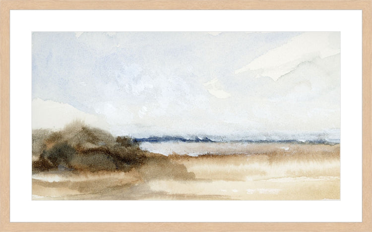 Framed Loose Shore. Frame: Deep Natural. Paper: Smooth Paper. Art Size: 22x40. Final Size: 30'' X 48''