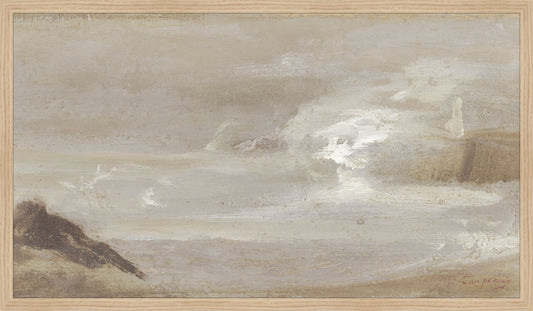 Framed Antique Seascape. Frame: Natural Oak. Paper: Rag Paper. Art Size: 17x30. Final Size: 18'' X 31''