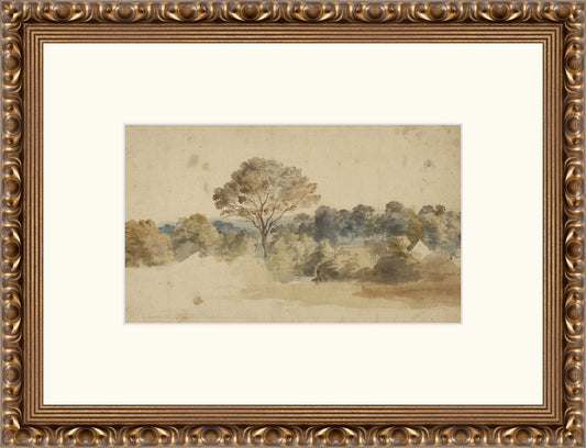 Framed Baroque Landscape. Frame: Gold Ornate. Paper: Rag Paper. Art Size: 6x10. Final Size: 13'' X 17''