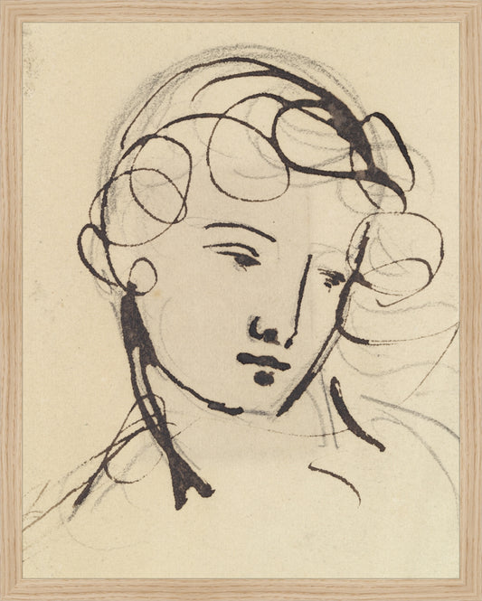 Framed Sketch of a Lady. Frame: Natural Oak. Paper: Rag Paper. Art Size: 19x15. Final Size: 20'' X 16''