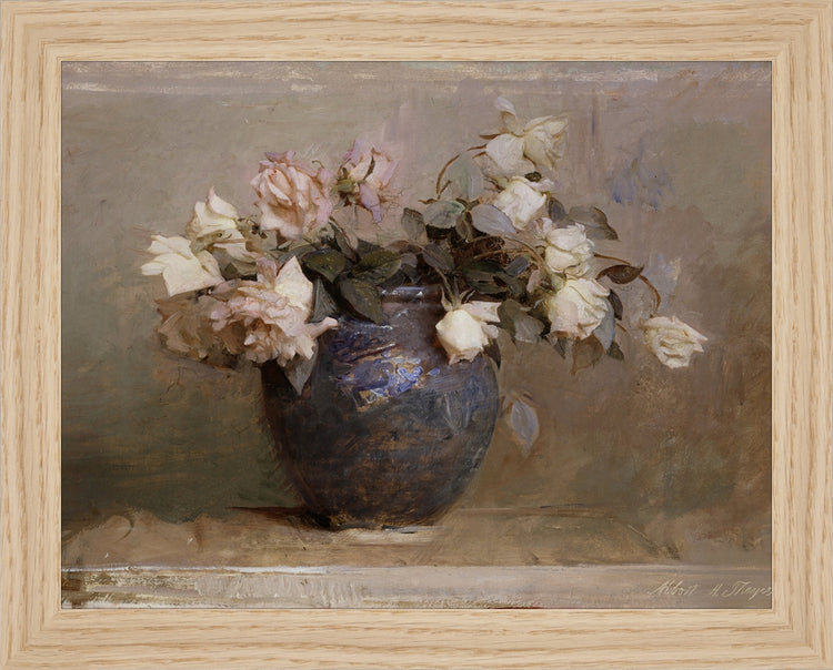 Framed Vase of Roses. Frame: Natural Oak. Paper: Rag Paper. Art Size: 7x9. Final Size: 8'' X 10''