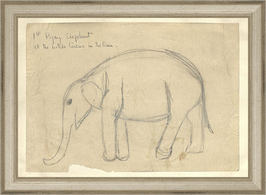 Framed Elephant. Frame: Traditional Silver. Paper: Rag Paper. Art Size: 7x10. Final Size: 8'' X 11''