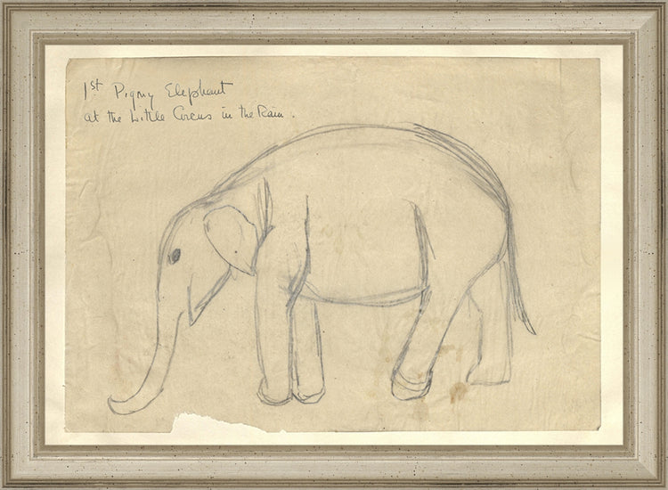 Framed Elephant. Frame: Traditional Silver. Paper: Rag Paper. Art Size: 7x10. Final Size: 8'' X 11''