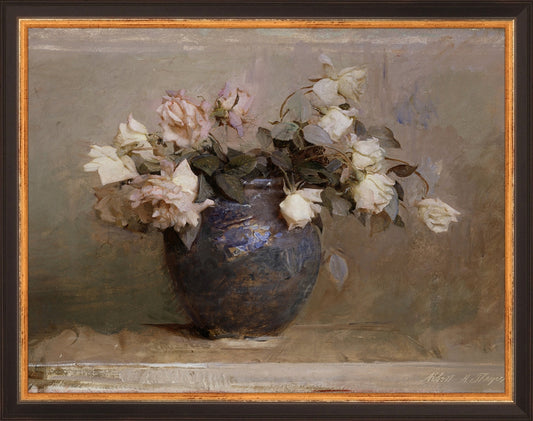 Framed Vase of Roses. Frame: Traditional Black and Gold. Paper: Rag Paper. Art Size: 10x13. Final Size: 11'' X 14''