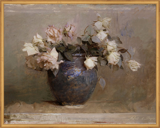 Framed Vase of Roses. Frame: Traditional Gold. Paper: Rag Paper. Art Size: 23x29. Final Size: 24'' X 30''