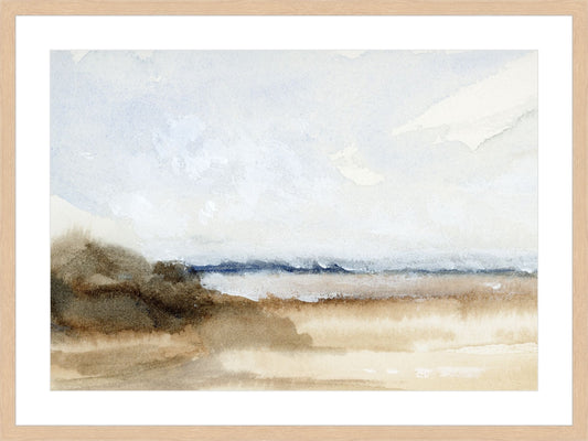 Framed Loose Shore. Frame: Deep Natural. Paper: Watercolor Paper. Art Size: 28x40. Final Size: 36'' X 48''