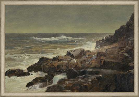 Framed Seashore. Frame: Traditional Silver. Paper: Rag Paper. Art Size: 13x19. Final Size: 14'' X 20''