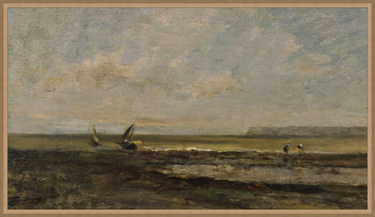 Framed Boats on the Beach. Frame: Bevel Sand. Paper: Rag Paper. Art Size: 17x30. Final Size: 18'' X 31''