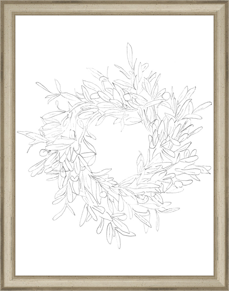 Framed OLIVE WREATH. Frame: Traditional Silver. Paper: Rag Paper. Art Size: 13x10. Final Size: 14'' X 11''