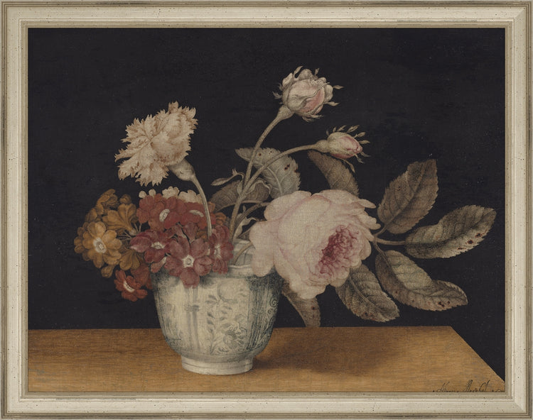 Framed Vintage Vase of Flowers. Frame: Traditional Silver. Paper: Rag Paper. Art Size: 10x13. Final Size: 11'' X 14''