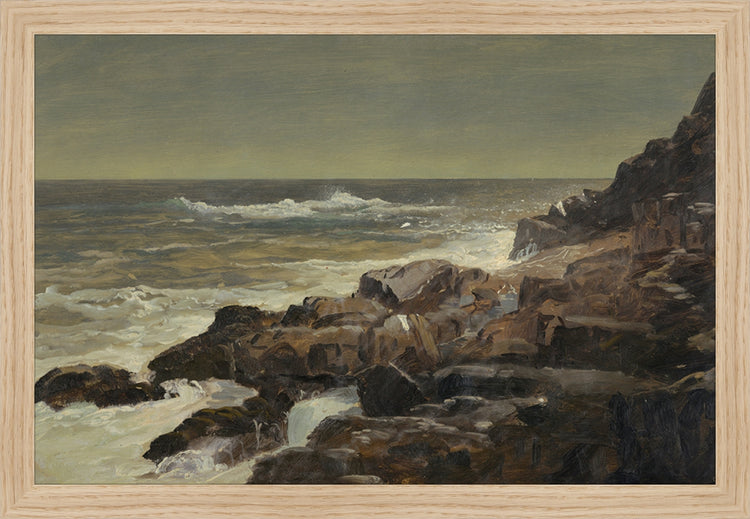 Framed Seashore. Frame: Natural Oak. Paper: Rag Paper. Art Size: 10x15. Final Size: 11'' X 16''