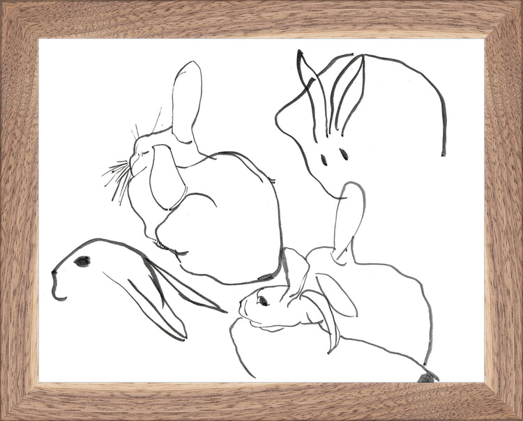 Framed Rabbits. Frame: Natural Walnut. Paper: Rag Paper. Art Size: 7x9. Final Size: 8'' X 10''